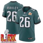 Men’s #26 Saquon Barkley Midnight Green Super Bowl LIX Game Player Sewn Jersey