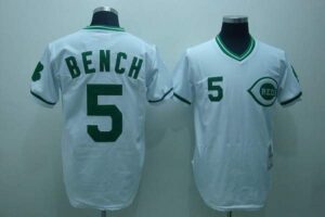 Mitchell And Ness Cincinnati Reds #5 Johnny Bench Stitched White Green Patch Throwback Jersey