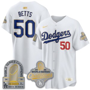 Mookie Betts #50 Los Angeles Dodgers 9x Champs Gold Collection Stadium Vapor Limited Jersey - All White