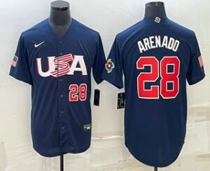 Men's USA Baseball #28 Nolan Arenado 2023 Navy World Baseball Classic Stitched Jersey