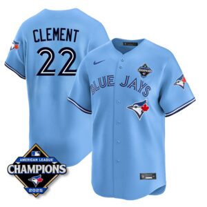 Ernie Clement #22 Toronto Blue Jays 2025 American League Champions Jersey Stitched Light Blue