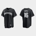 Men's Milwaukee Brewers #16 Kolten Wong Black White 2021 All Black Fashion Jersey