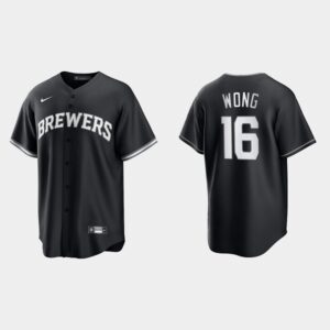 Men's Milwaukee Brewers #16 Kolten Wong Black White 2021 All Black Fashion Jersey