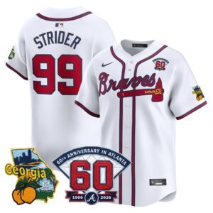 Spencer Strider #99 Atlanta Braves 60th Patch Home Limited Player Jersey - White