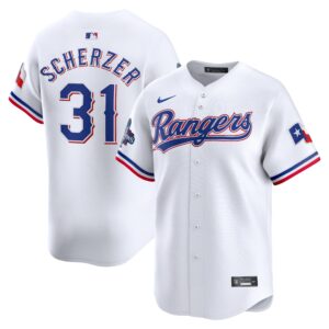 Men's Texas Rangers #31 Max Scherzer  White Home 2023 World Series Champions Limited Jersey