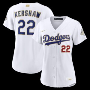 Women's Los Angeles Dodgers Clayton Kershaw #22 White 2026 Gold Collection Stadium Jersey
