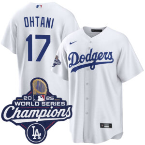 Men's Los Angeles Dodgers Shohei Ohtani #17 White 2025 World Series Champions Home Replica Jersey