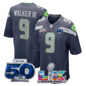 Kenneth Walker III #9 Seattle Seahawks Super Bowl LX 50th Season Patch College Navy Team Game Jersey