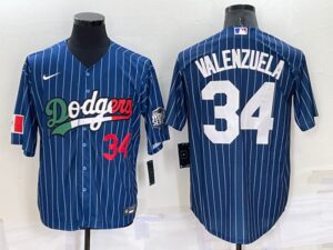 Men's  Los Angeles Dodgers #34 Fernando Valenzuela Blue Mexico World Series Throwback Stitched Cool Base Jersey