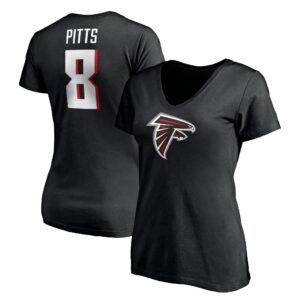 Women's Kyle Pitts Black Atlanta Falcons Player Icon Name & Number V-Neck T-Shirt