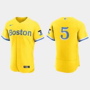 Men's Boston Red Sox #5 Enrique Hernandez Gold Light Blue 2021 City Connect Jersey
