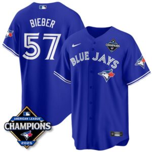 Shane Bieber #57 Toronto Blue Jays 2025 American League Champions Jersey Stitched Rush Blue