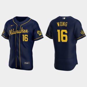 Men's Milwaukee Brewers #16 Kolten Wong Navy Alternate Flex Base Jersey