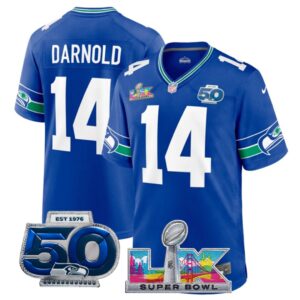 Sam Darnold #14 Seattle Seahawks Super Bowl LX 50th Season Patch Royal Throwback Player Game Jersey
