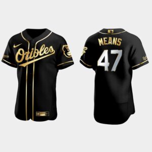 Men's Baltimore Orioles #47 John Means Black Golden Edition Flex Base Jersey