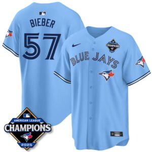 Shane Bieber #57 Toronto Blue Jays 2025 American League Champions Jersey Stitched Light Blue
