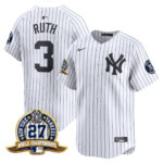 Babe Ruth #3 New York Yankees 27 Time Champions Patch Vapor Premier Limited Jersey - White