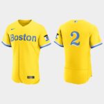 Men's Boston Red Sox #2 Xander Bogaerts Gold Light Blue 2021 City Connect Flex Base Jersey