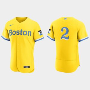 Men's Boston Red Sox #2 Xander Bogaerts Gold Light Blue 2021 City Connect Flex Base Jersey