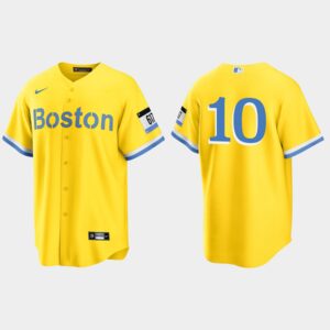 Men's Boston Red Sox #10 Hunter Renfroe Gold Light Blue 2021 City Connect Cool Base Jersey