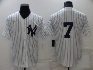 Men's  New York Yankees #7 Mickey Mantle White Strip Throwback Cool Base Stitched Jersey