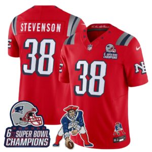 Rhamondre Stevenson #38 New England Patriots 2025 Rivalries 6x Champions & Throwbacks Mascot Patch Vapor Limited Jersey - All Stitched