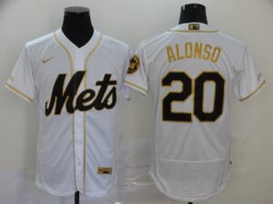Men's New York Mets #20 Pete Alonso White With Gold Stitched Flex Base  Jersey