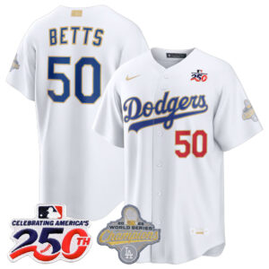 Mookie Betts #50 Los Angeles Dodgers 250th Patch White 2026 Gold Collection Stadium Jersey - White