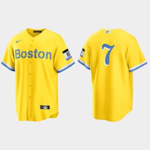 Men's Boston Red Sox #7 Dom DiMaggio Gold Light Blue 2021 City Connect Cool Base Jersey