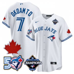 Kazuma Okamoto #7 Toronto Blue Jays 50th Red Maple Leaf Patch World Series Limited Jersey Stitched - White