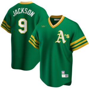 Men's  Oakland Athletics #9 Reggie Jackson Road Cooperstown Collection Player Kelly Green Jersey