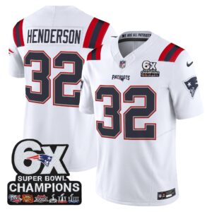 TreVeyon Henderson #32 New England Patriots 6-Time Champions Patch Game Jersey - White