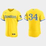 Men's Boston Red Sox #34 David Ortiz Gold Light Blue 2021 City Connect Flex Base Jersey