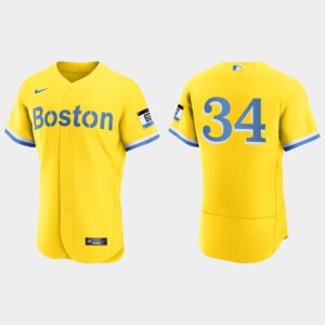 Men's Boston Red Sox #34 David Ortiz Gold Light Blue 2021 City Connect Flex Base Jersey