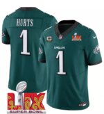 Men's #1 Jalen Hurts 2025 Green Super Bowl LIX Patch With 3-Star C Patch Jersey