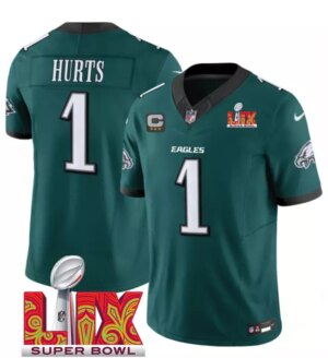 Men's #1 Jalen Hurts 2025 Green Super Bowl LIX Patch With 3-Star C Patch Jersey