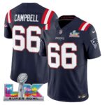 Will Campbell #66 New England Patriots Super Bowl LX Patch Navy Player Game Jersey
