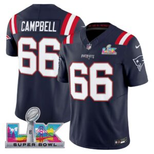 Will Campbell #66 New England Patriots Super Bowl LX Patch Navy Player Game Jersey