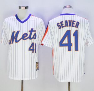 New York Mets #41 Tom Seaver White(Blue Strip) Cooperstown Stitched Jersey