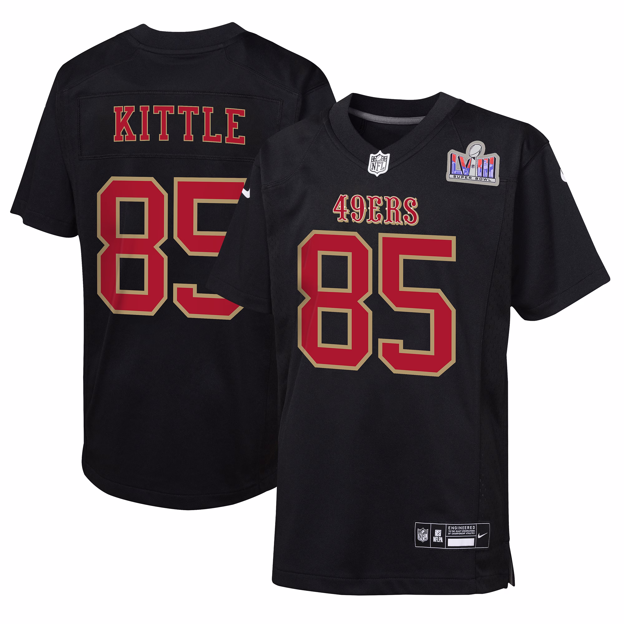 George Kittle San Francisco 49ers  Youth 2023 Super Bowl LVIII Patch Carbon Fashion Game Jersey - Black