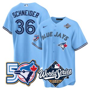 Davis Schneider #36 Toronto Blue Jays 50th World Series Limited Jersey Stitched Light Blue