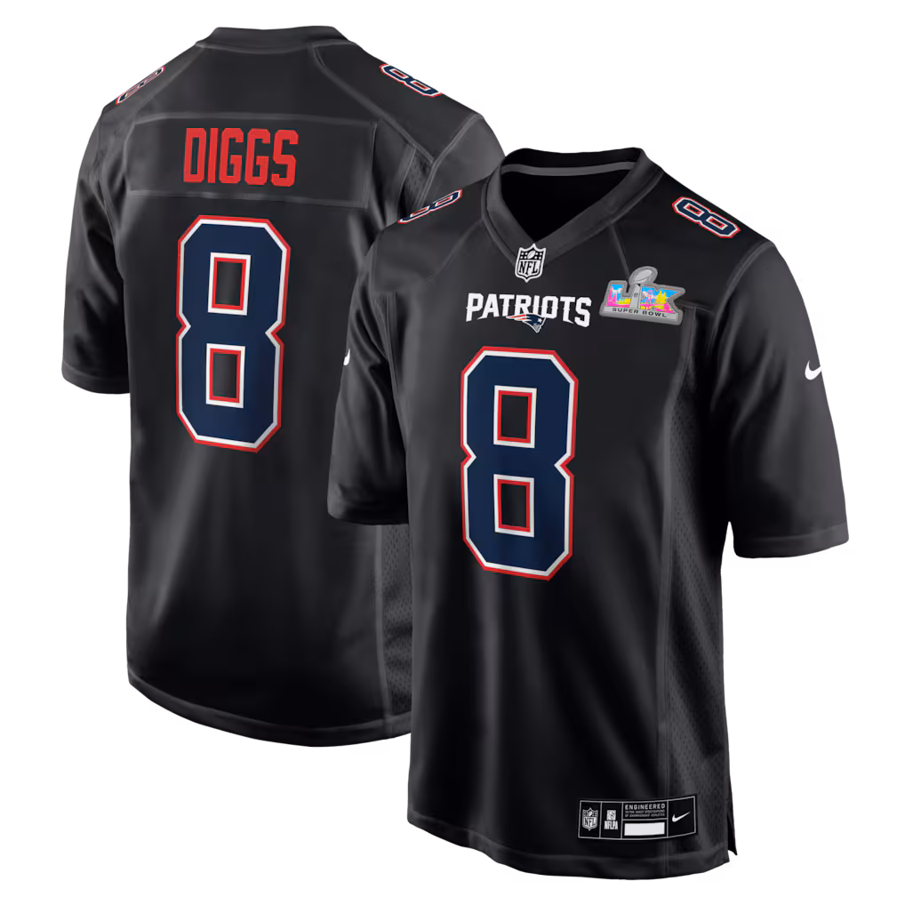 Stefon Diggs #8 New England Patriots Black Super Bowl LX Patch Carbon Fashion Game Jersey