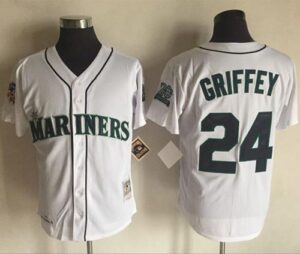 Men's Mitchell And Ness 1997 Seattle Mariners #24 Ken Griffey White Throwback Stitched Jersey