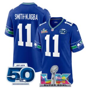 Smith-Njigba #11 Seattle Seahawks Super Bowl LX 50th Season Patch Royal Throwback Player Game Jersey