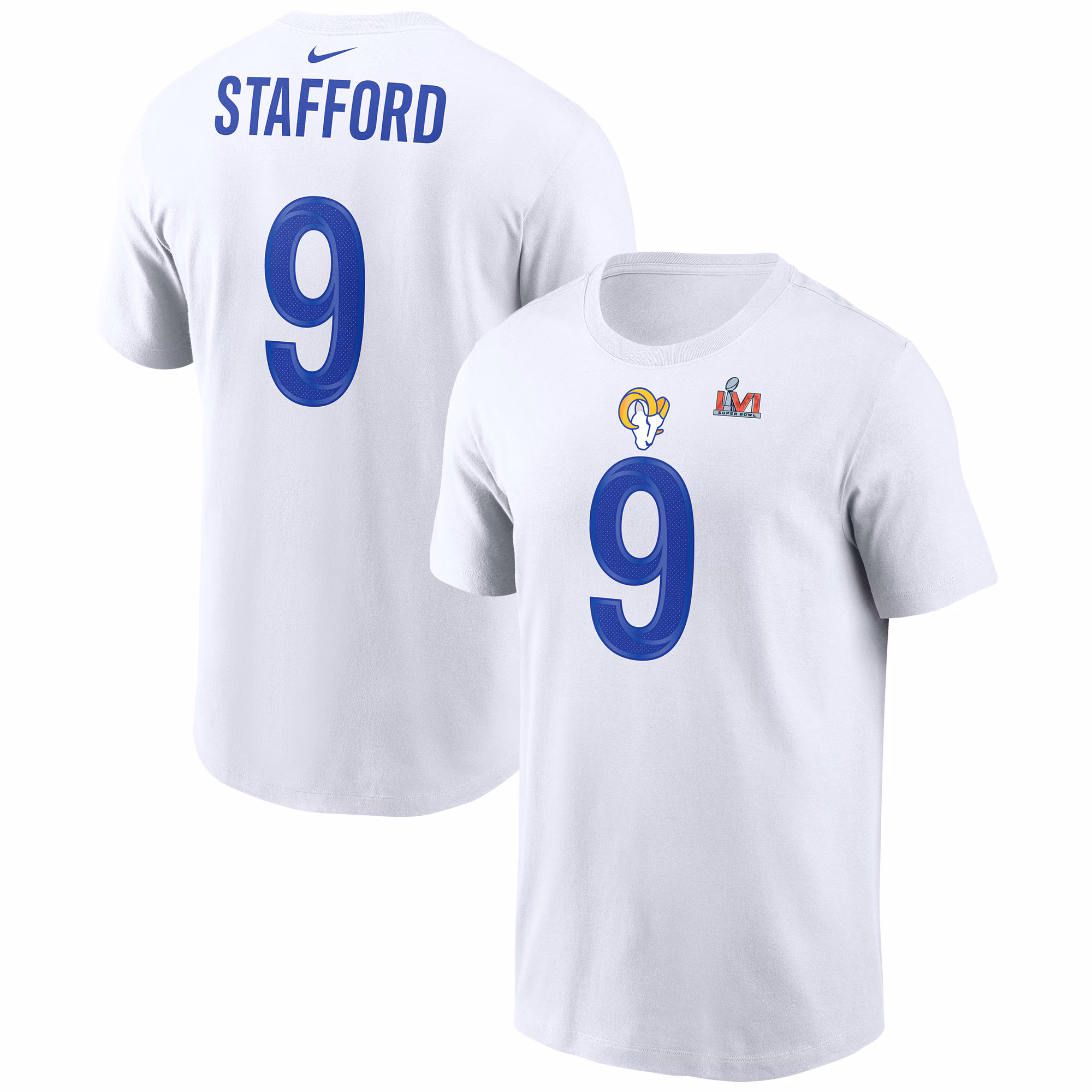 Men's Matthew Stafford White Los Angeles Rams Super Bowl LVI Player Name & Number T-Shirt
