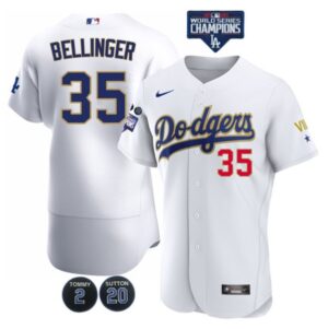 Men's Los Angeles Dodgers #35 Cody Bellinger White Gold Championship Flex Base Sttiched Jersey