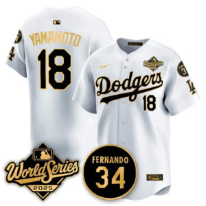 Yoshinobu Yamamoto #18 Los Angeles Dodgers 2025 National League Champions Jersey - Stitched White Gold