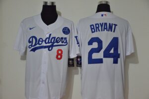 Men's  Los Angeles Dodgers #24 Kobe Bryant With front Number #8 White KB Patch Stitched Cool Base Jersey