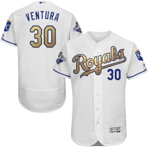 Kansas City Royals #30 Yordano Ventura White 2015 World Series Champions Gold Program FlexBase Stitched Jersey