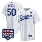 Mookie Betts #50 Los Angeles Dodgers 250th Patch Home Replica Jersey - White